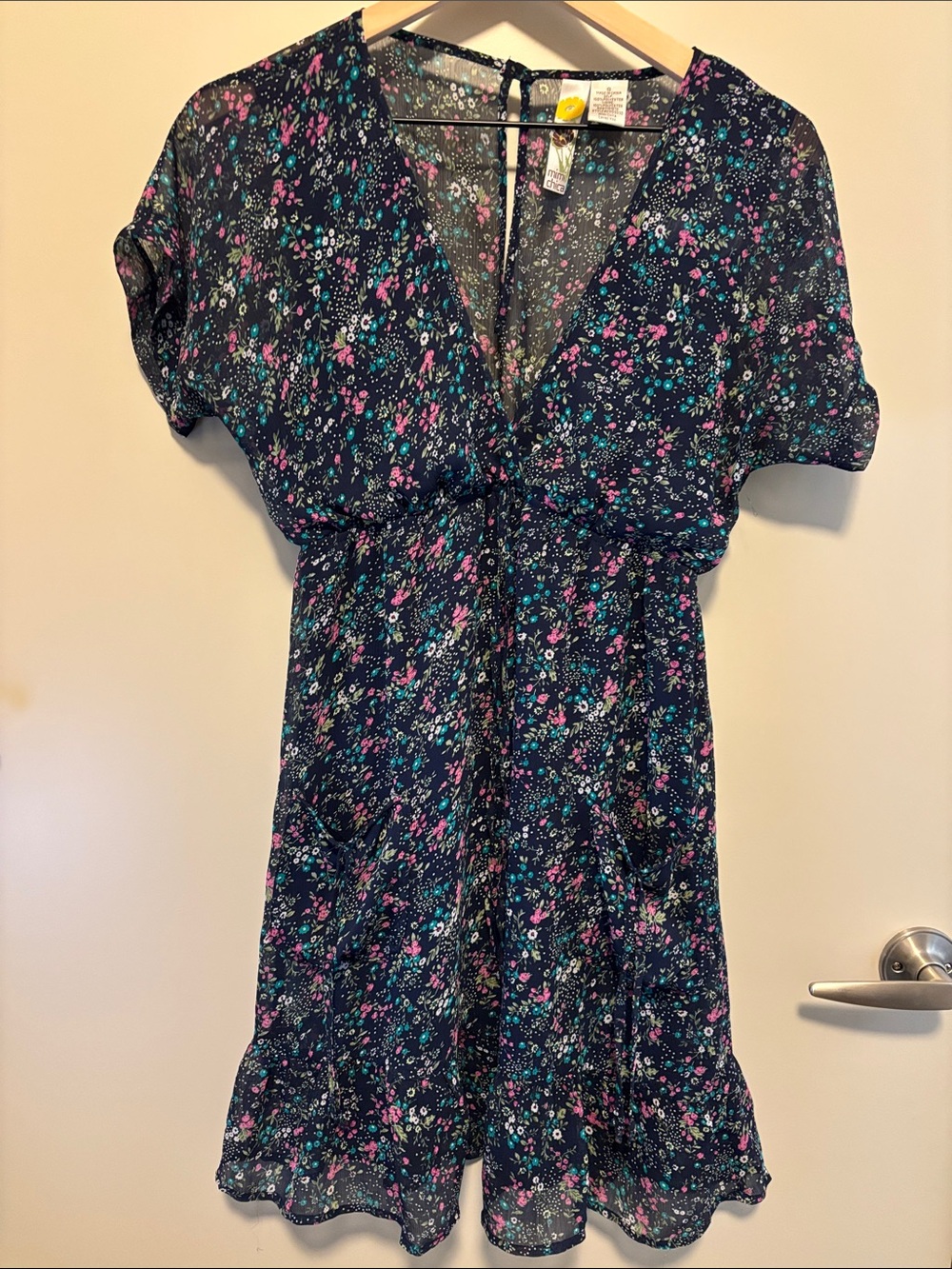 Floral V-Neck Short Sleeve Dress in Navy, Sheer with Lining